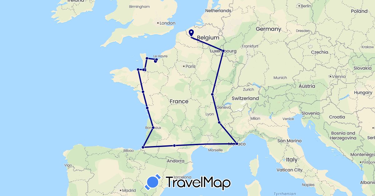 TravelMap itinerary: driving in France, Luxembourg, Monaco (Europe)